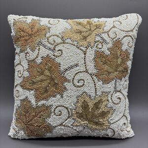 Autumn Hill Hand Beaded Throw Pillow Fall Maple Leaf Decor 13" Square Cream Gold